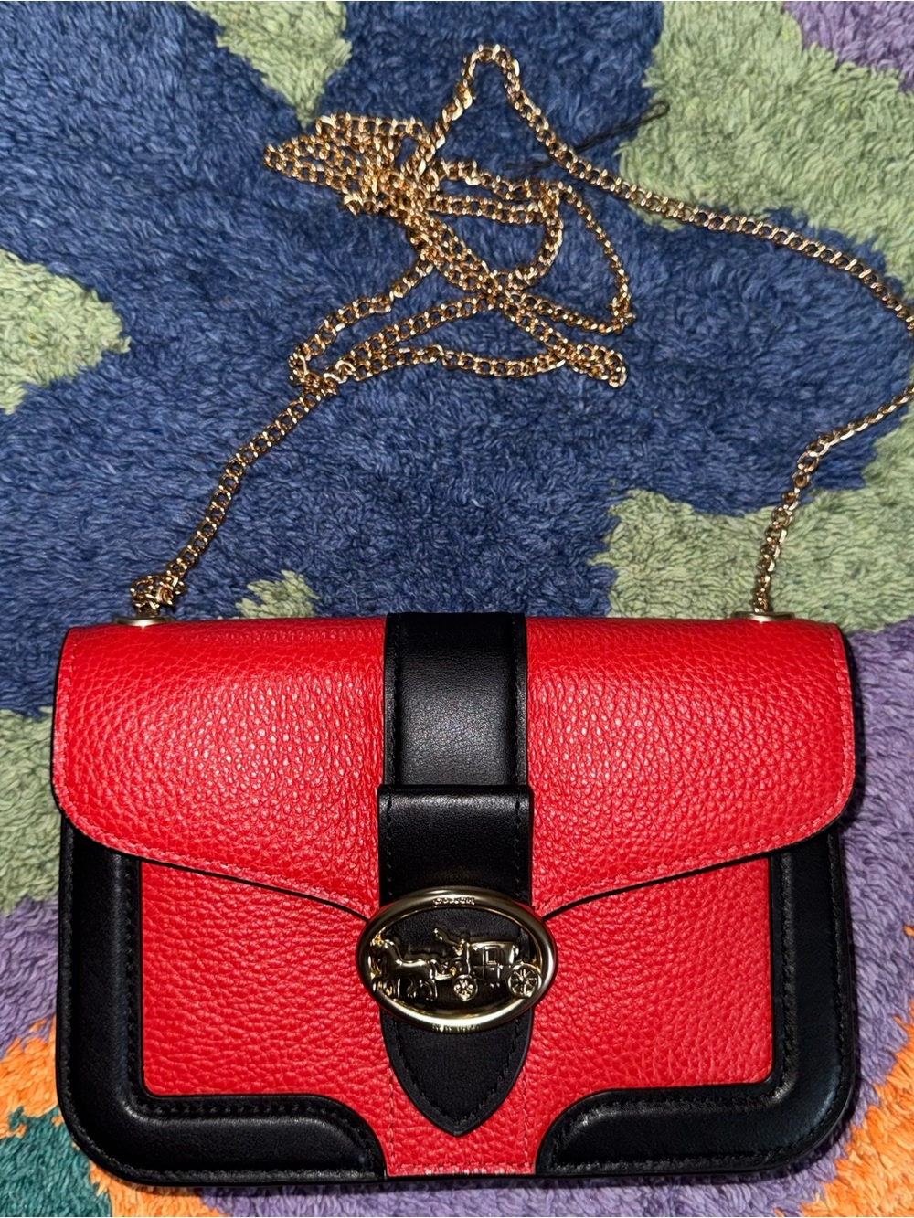 Coach Georgie Red and Black ColorBlock Leather Crossbody with Gold Chain - Picture 1 of 12